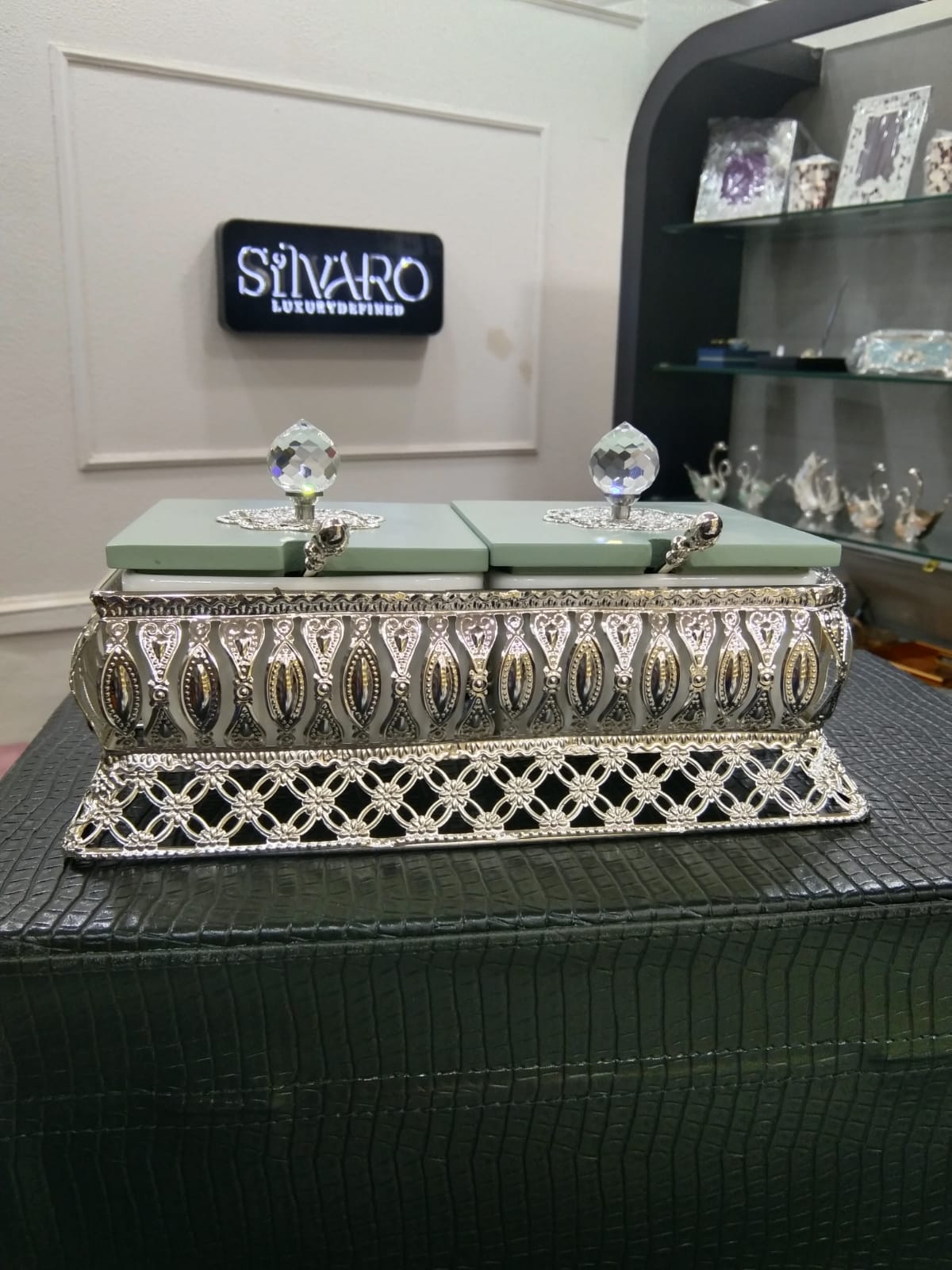 Elegant Dry Fruit Box with Crystal Knobs & Silver Decorative Base