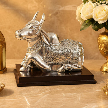 999 Pure Silver Nandi Bull Statue | Intricately Engraved Hindu Nandi Idol | Luxury Silver-Plated Home Décor | Temple & Pooja Room Decoration | Gift