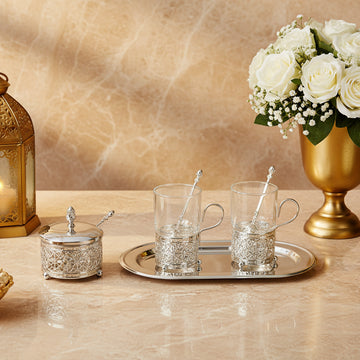 Sugar Pot with Tray 2 Glasses & 2 Spoon Tray Set