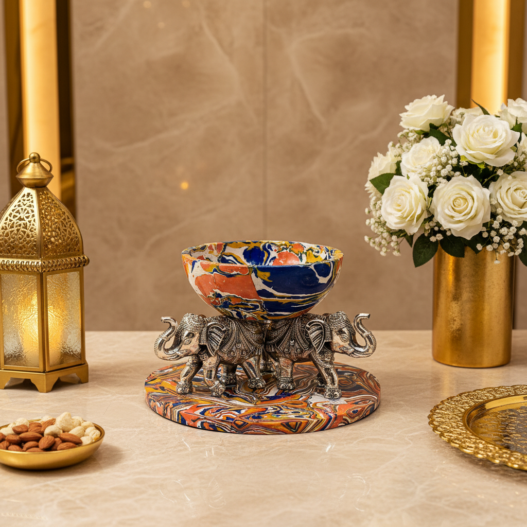 999 Silver Luxury Multy Colour Marble Finish Elephant Urli Bowl – Decorative Centerpiece for Home Décor, Floating Flowers & Festive Decoration