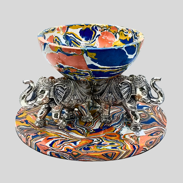 999 Silver Luxury Multy Colour Marble Finish Elephant Urli Bowl – Decorative Centerpiece for Home Décor, Floating Flowers & Festive Decoration
