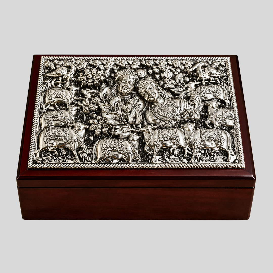 999 Silver Plated Radha Krishna Wooden Jewelry Box | Decorative Storage Box for Jewelry, Dry Fruits & Gift Items