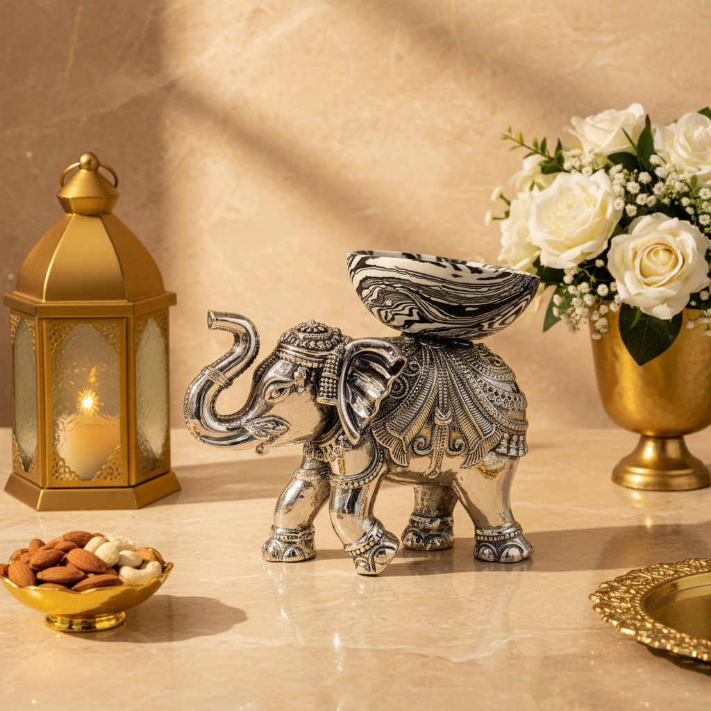 Silver Elephant Decorative Bowl with Black Marble Pattern Bowl | Luxury Home Décor Showpiece | Handcrafted Table Centerpiece
