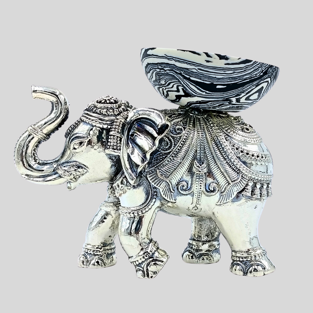 Silver Elephant Decorative Bowl with Black Marble Pattern Bowl | Luxury Home Décor Showpiece | Handcrafted Table Centerpiece