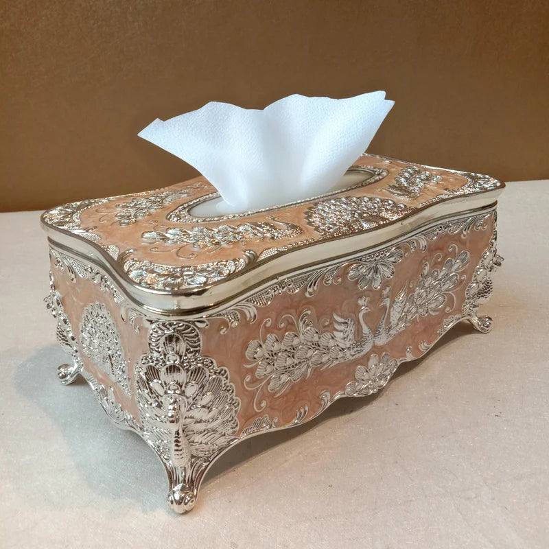 Luxury Silver Peacock Tissue Box Holder | Premium Decorative Facial Tissue Organizer | Elegant Tabletop Tissue Case for Living Room, Dining Table & Office