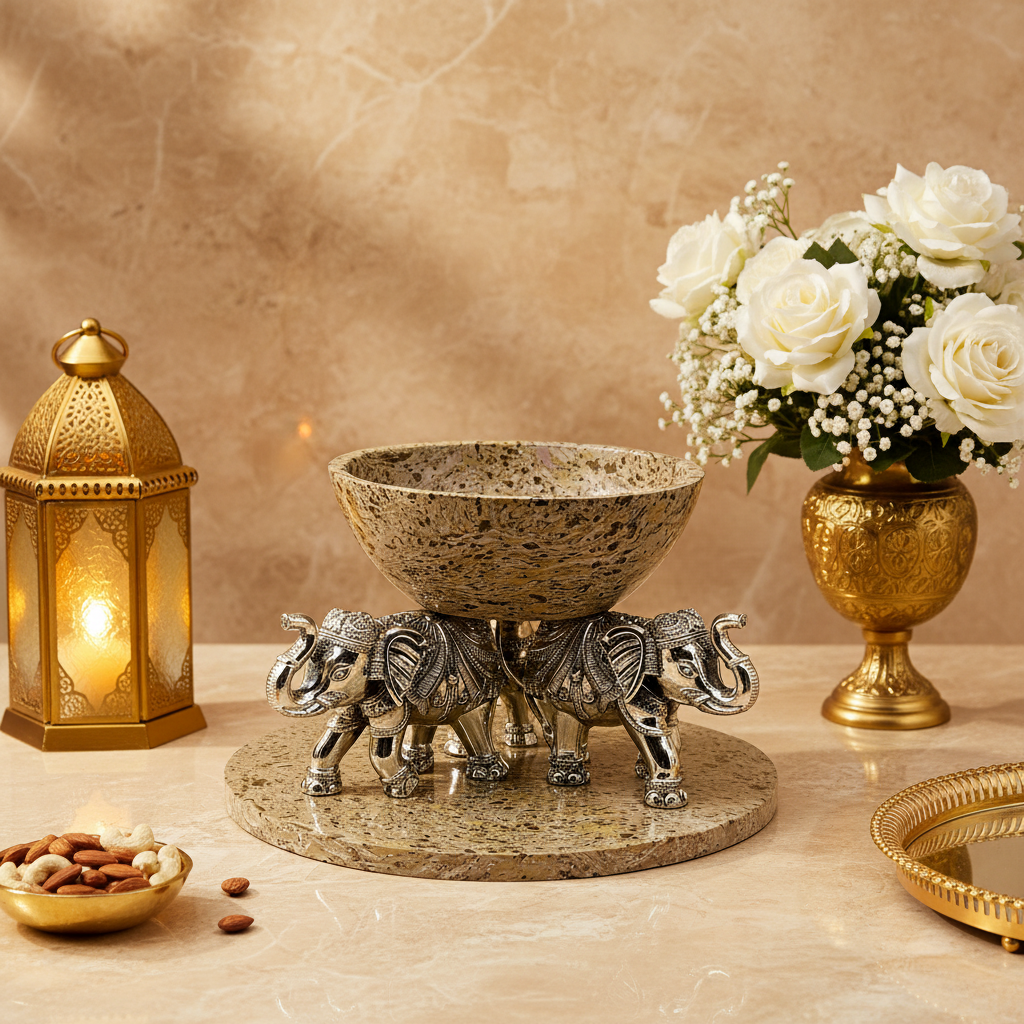 999 Silver Luxury Marble Finish Elephant Urli Bowl – Decorative Centerpiece for Home Décor, Floating Flowers & Festive Decoration