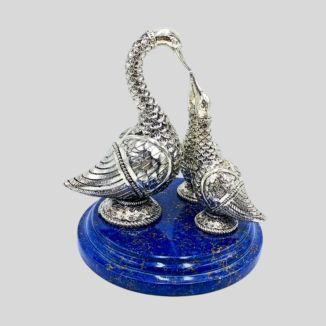 Silver 3 Swan Showpiece on Blue Marble Base | Luxury Decorative Bird Statue | Elegant Home & Office Décor | Handcrafted Gift Item