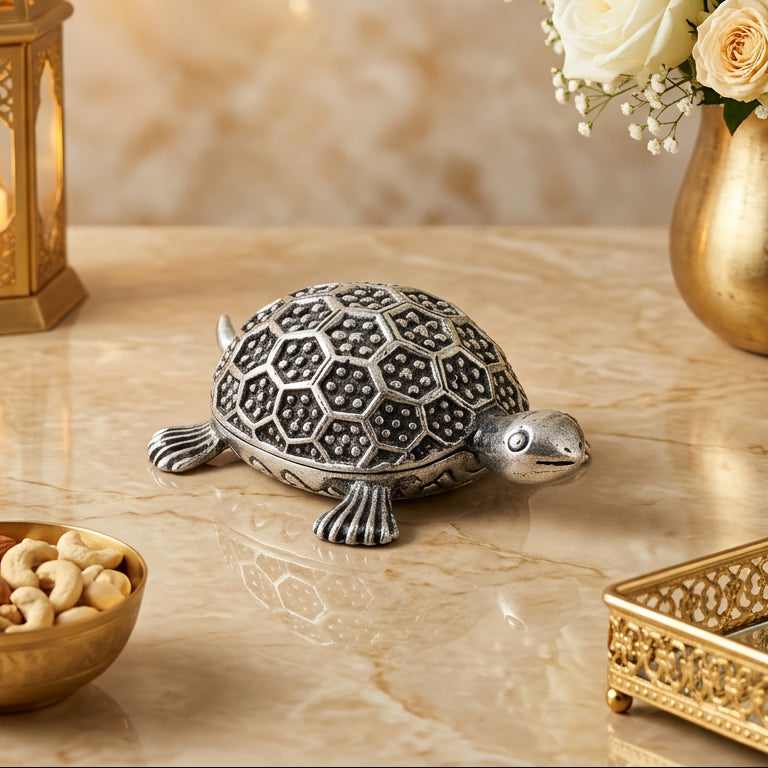 Silver Plated Turtle Showpiece | 5 Inch Decorative Tortoise Figurine | Lucky Turtle Vastu Décor | Tabletop Ornament | Housewarming Gift