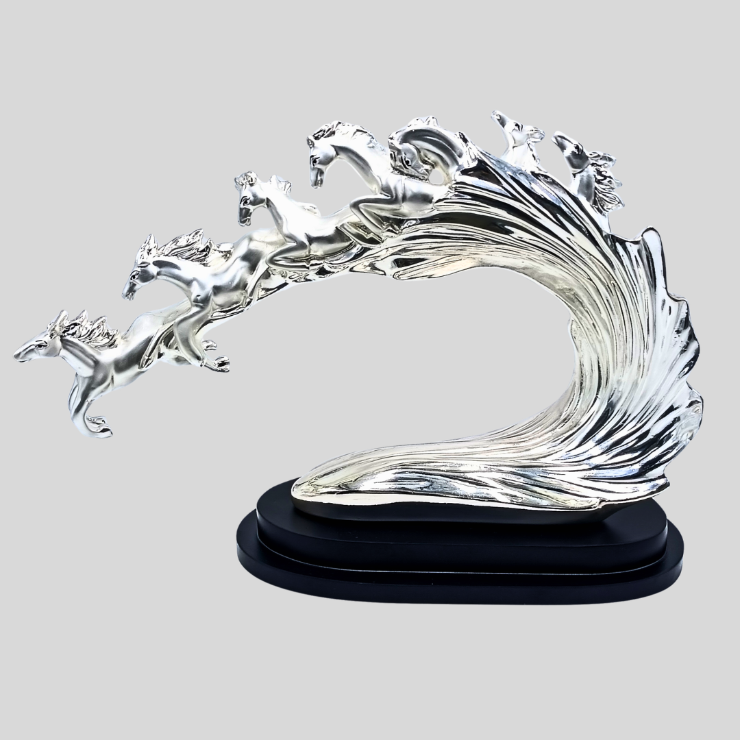 Silver Running 7 Horses Showpiece | Luxury Home Decor Sculpture | Modern Tabletop & Office Decorative Statue | 38 × 18 × 26 cm | 2380g