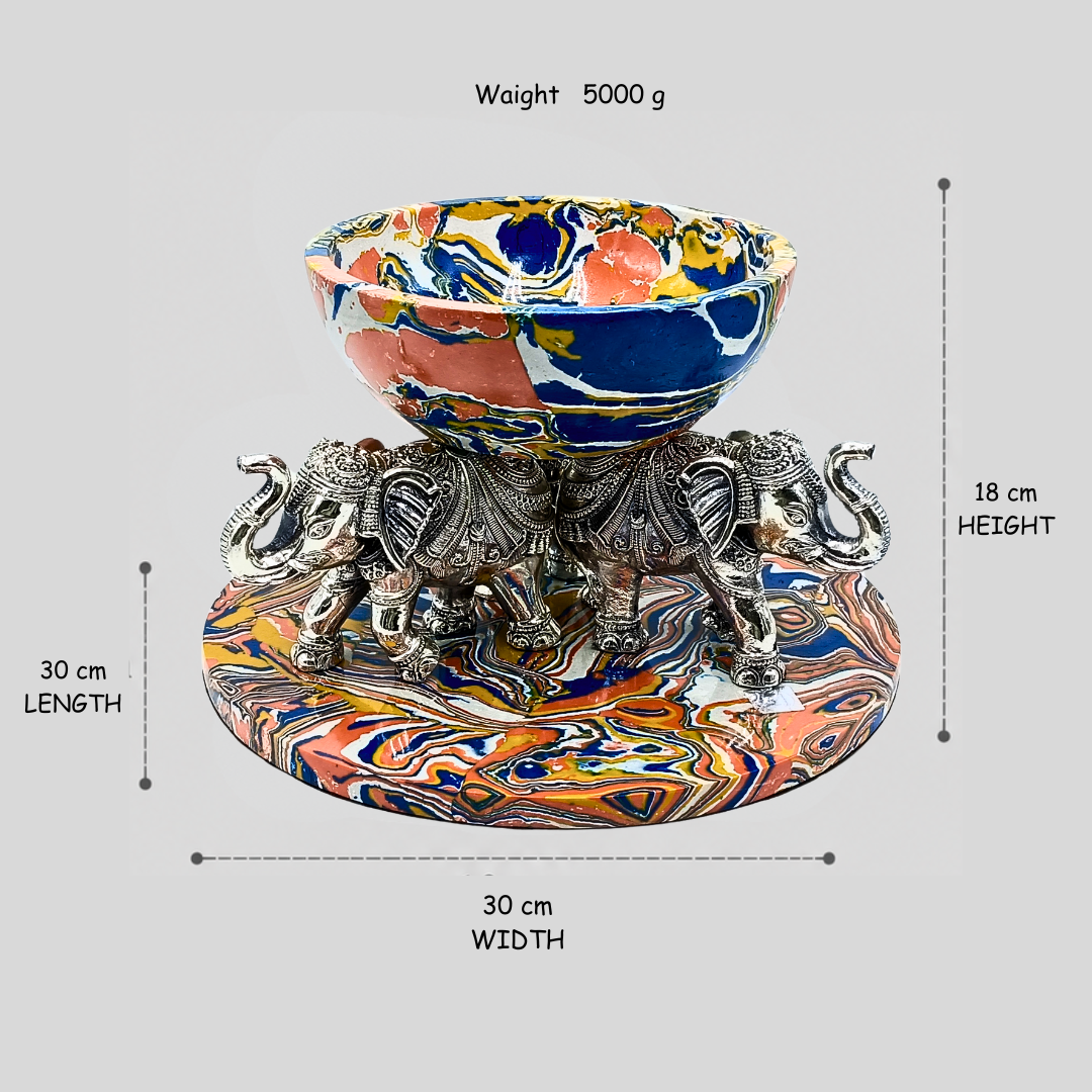 999 Silver Luxury Multy Colour Marble Finish Elephant Urli Bowl – Decorative Centerpiece for Home Décor, Floating Flowers & Festive Decoration