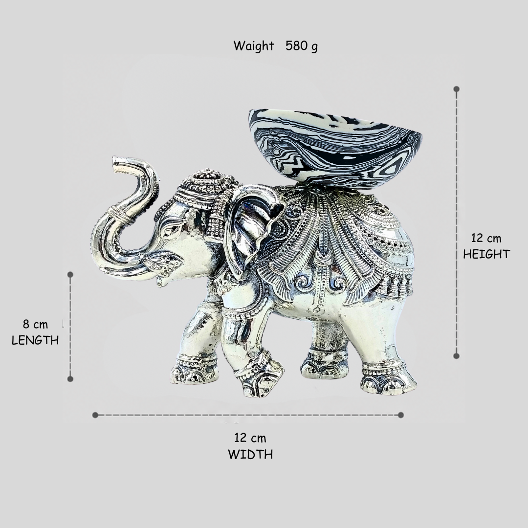 Silver Elephant Decorative Bowl with Black Marble Pattern Bowl | Luxury Home Décor Showpiece | Handcrafted Table Centerpiece