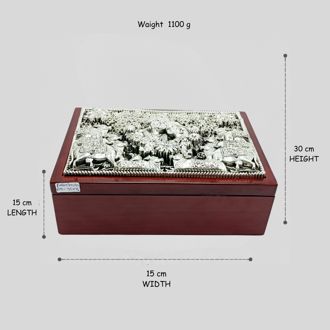 999 Silver Plated Radha Krishna Wooden Jewelry Box | Decorative Storage Box for Jewelry, Dry Fruits & Gift Items