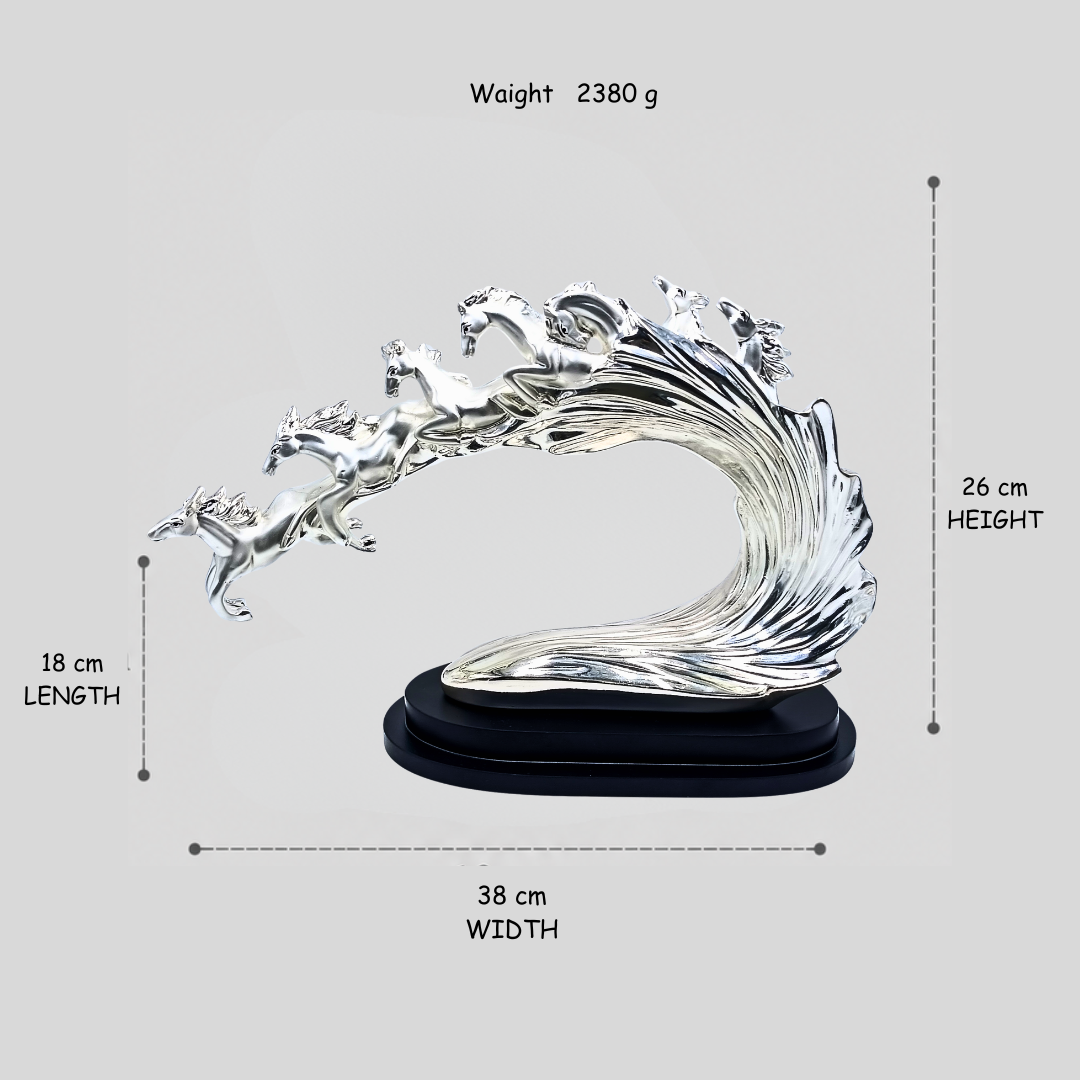 Silver Running 7 Horses Showpiece | Luxury Home Decor Sculpture | Modern Tabletop & Office Decorative Statue | 38 × 18 × 26 cm | 2380g