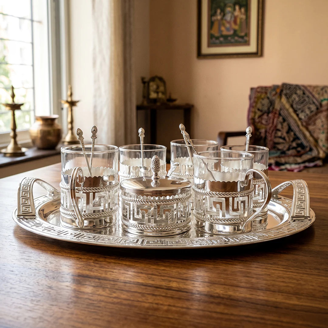 Kahwa Set Silver Plated Cup Set of 6 with Silver Plated Tray and Silver Plated Sugar Pot Ideal Gifts for Diwali, Christmas, Birthday Kawa Set