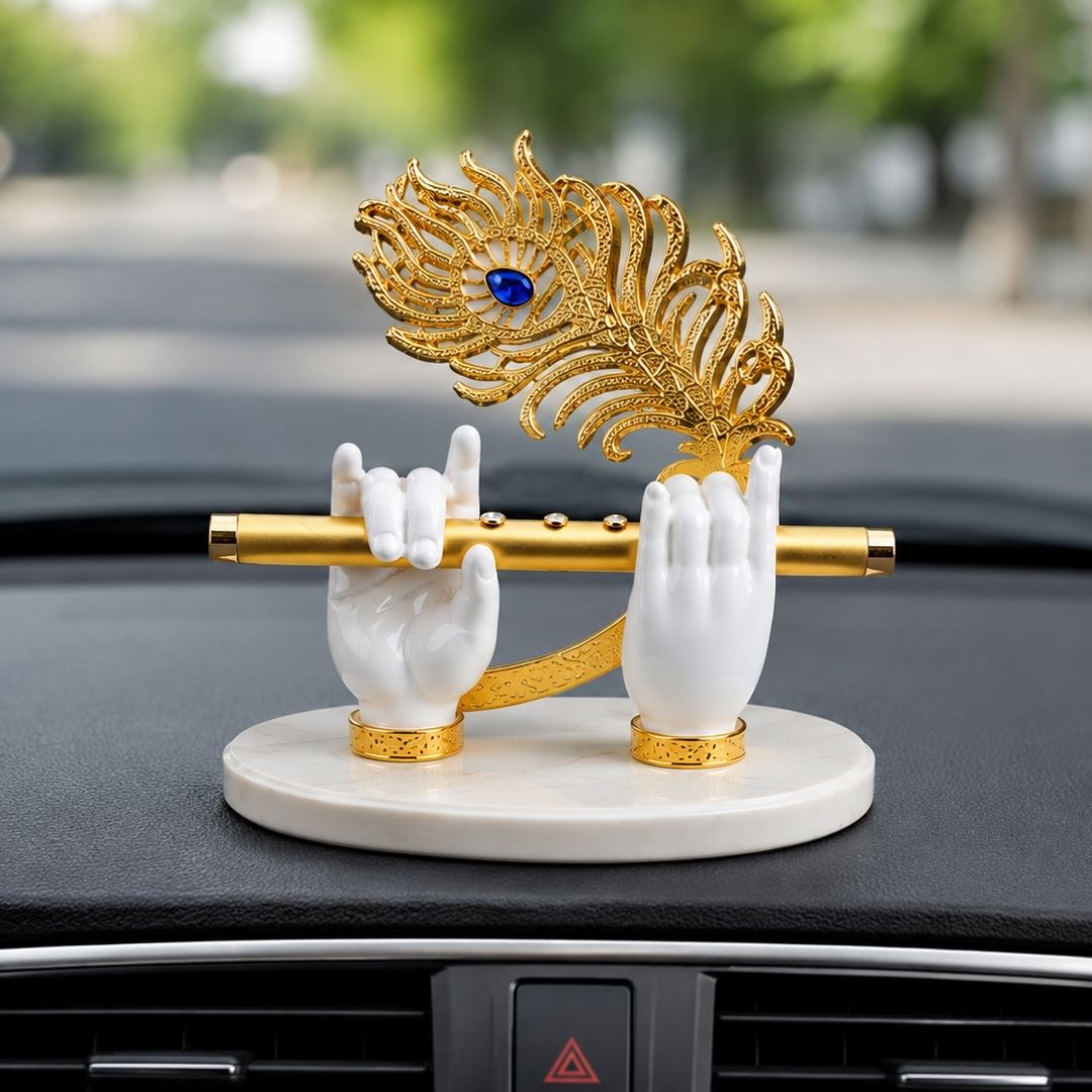 Premium Lord Krishna’s Divine Hands Car Dashboard Idol – 10 cm Gold Plated Flute Holder & Stone Base
