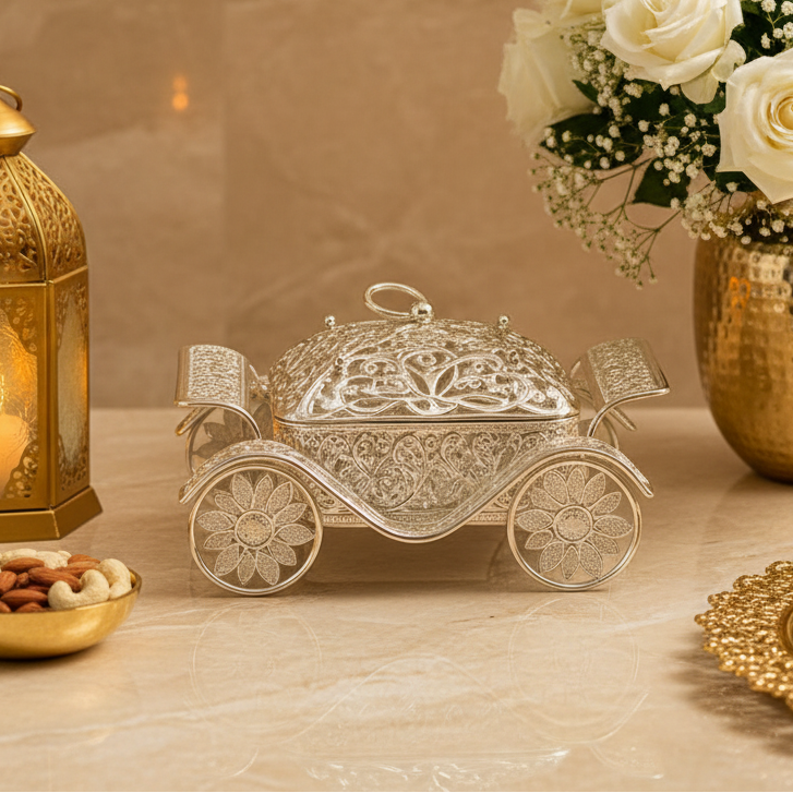 Luxury Silver Plated Rath Dry Fruit Box with Lid – Decorative Dry Fruits, Sweets & Chocolates | Premium Wedding, Diwali & Housewarming Gift (25 × 20 × 16 cm, 750 g)