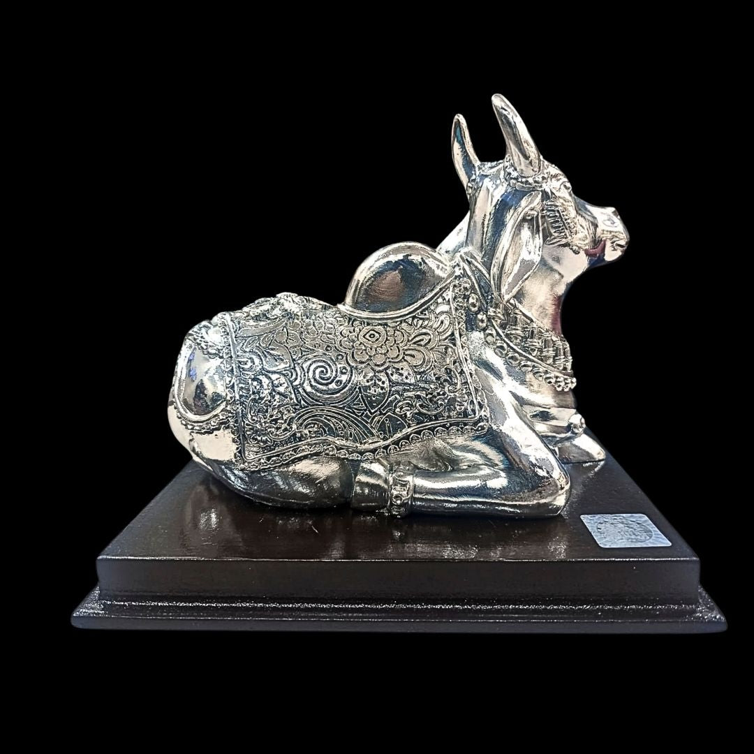 999 Pure Silver Nandi Bull Statue | Intricately Engraved Hindu Nandi Idol | Luxury Silver-Plated Home Décor | Temple & Pooja Room Decoration | Gift