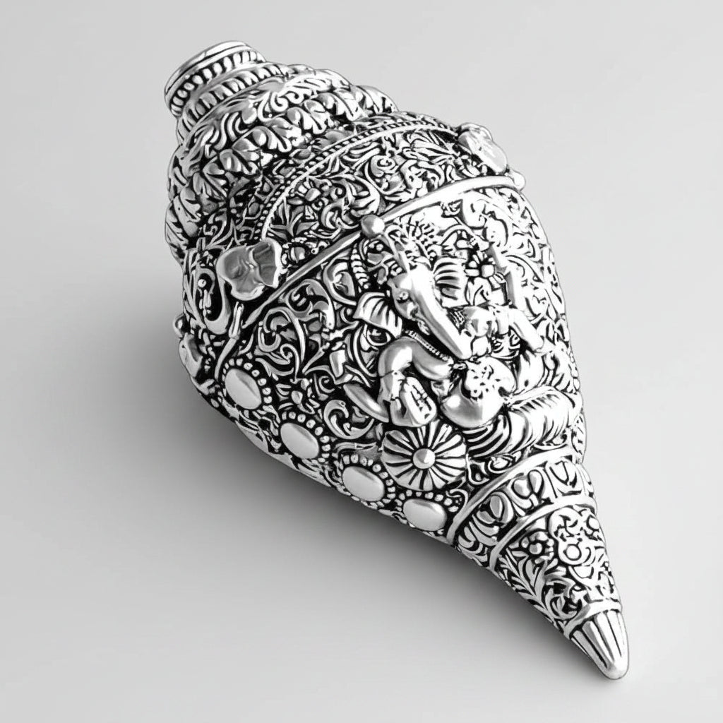 Silver Plated Sankha – 5 Inch Antique Metal Conch