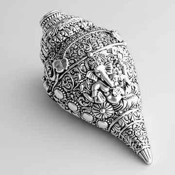 Silver Plated Sankha – 5 Inch Antique Metal Conch