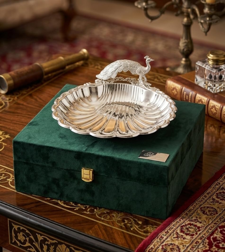 Silver Plated Peacock Sea Shell Seep Serving Tray | Elegant Table Centerpiece | Premium Home Décor & Festive Gifting