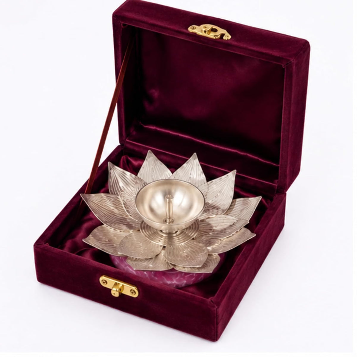 Silver Plated Lotus Diya with Rose Pink Quartz Base for Pooja Decor