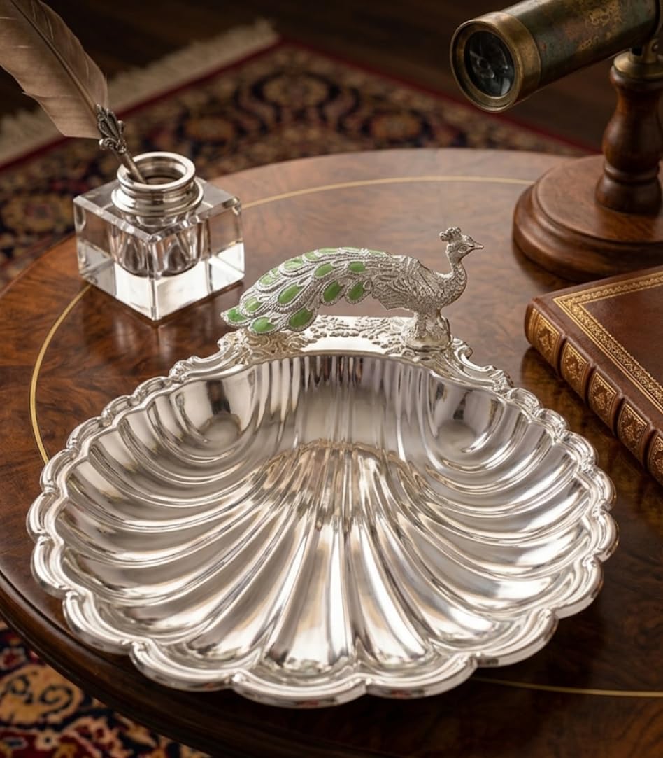 Silver Plated Peacock Sea Shell Seep Serving Tray | Elegant Table Centerpiece | Premium Home Décor & Festive Gifting