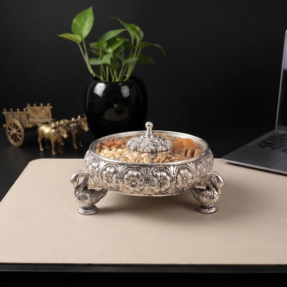 999 Silver Plated Decorative Dry Fruit Box with Peacock Handles & Floral Design | Luxury Gift Box