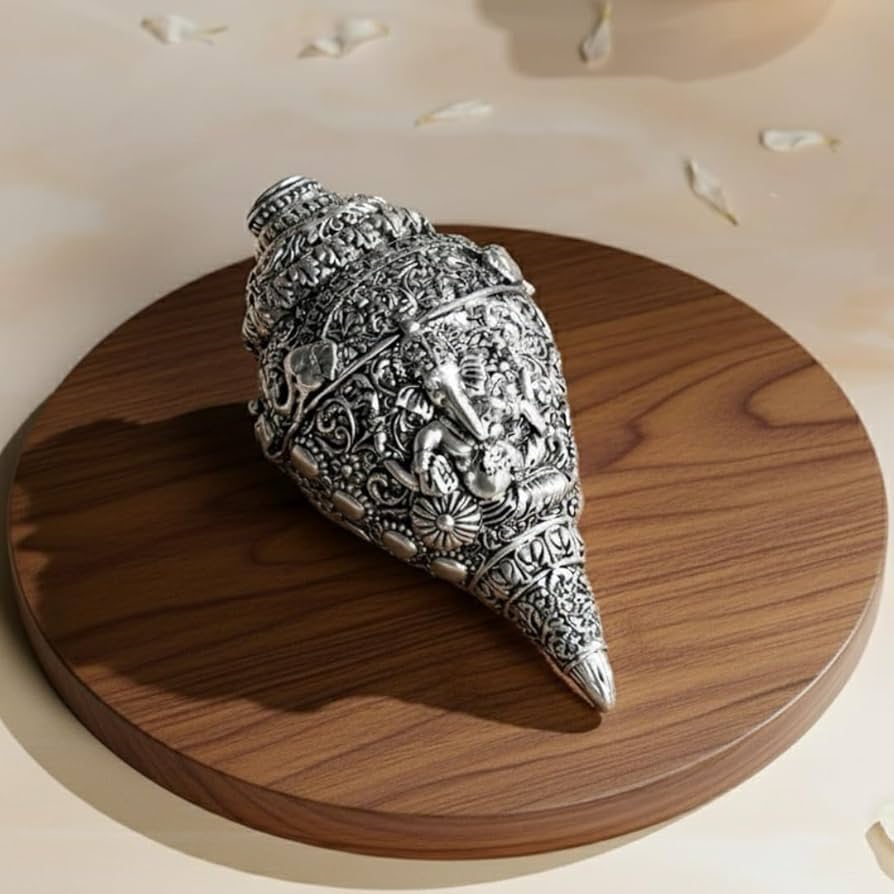 Silver Plated Sankha – 5 Inch Antique Metal Conch