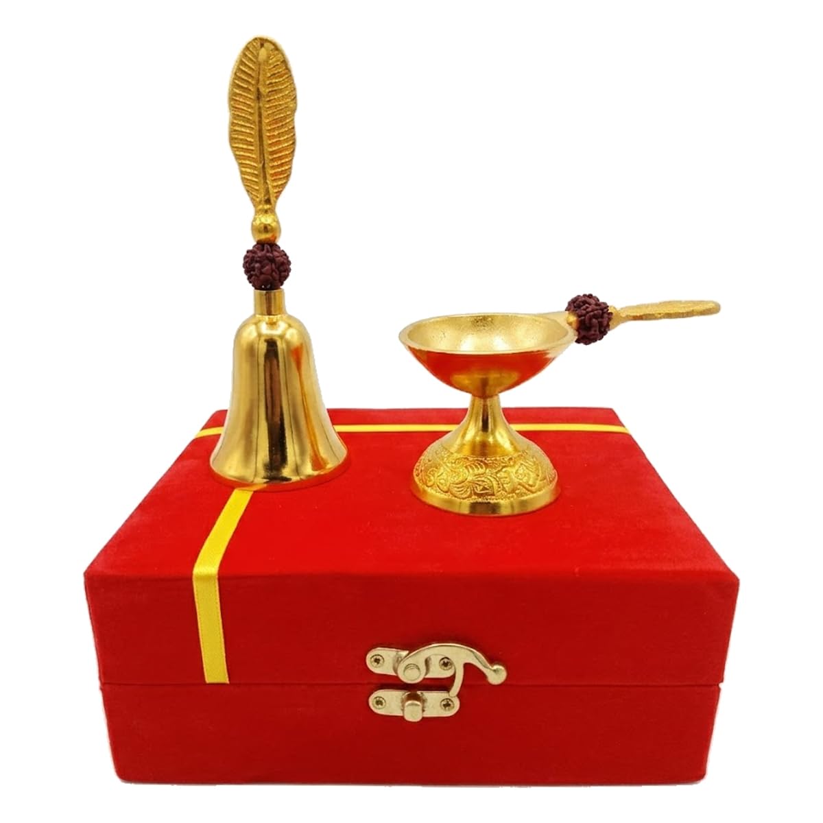 Gold & Silver Plated Pooja Bell and Diya with Rudraksha in Velvet Box Brass Puja Bell & Aarti Combo for Hindu Pooja Ghanti Bell & Deepak,Temple Bell & Diya Article Fine Quality Heavy