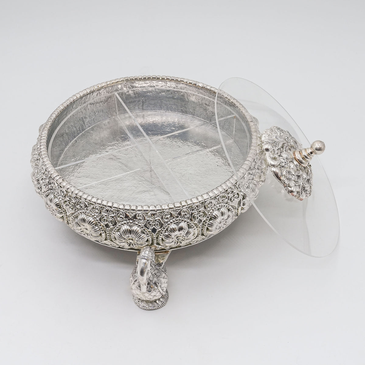 999 Silver Plated Decorative Dry Fruit Box with Peacock Handles & Floral Design | Luxury Gift Box