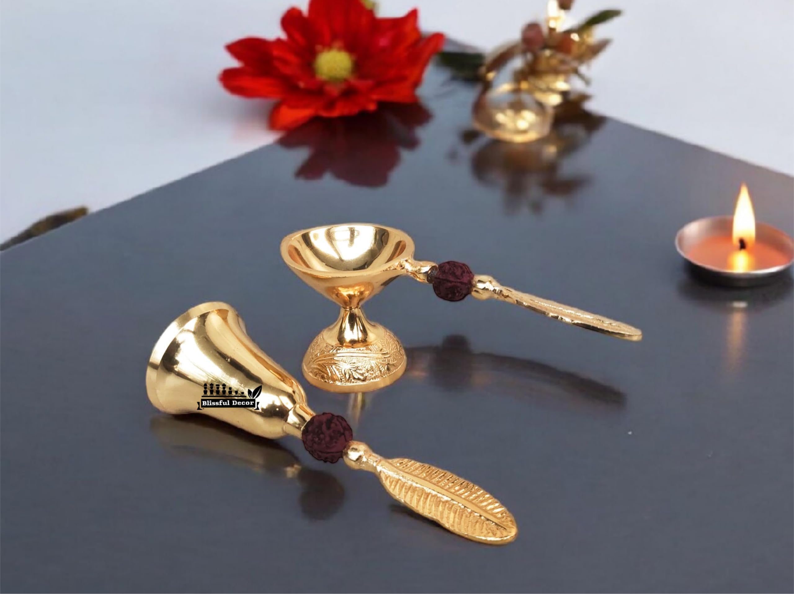 Gold & Silver Plated Pooja Bell and Diya with Rudraksha in Velvet Box Brass Puja Bell & Aarti Combo for Hindu Pooja Ghanti Bell & Deepak,Temple Bell & Diya Article Fine Quality Heavy