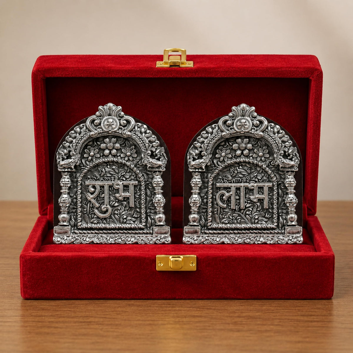 Silver Plated Shubh Labh Wall Hanging 2 With Valvet Gift Box  Home Shape