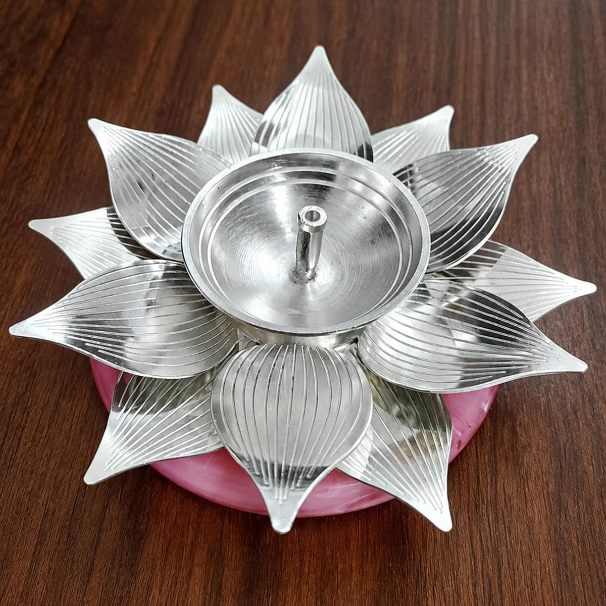 Silver Plated Lotus Diya with Rose Pink Quartz Base for Pooja Decor