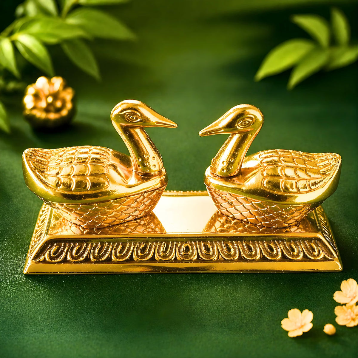 Silver Swan Kumkum & Haldi Pooja Set with Peacock Feather Leaf | Luxury Decorative Pooja Thali Accessory