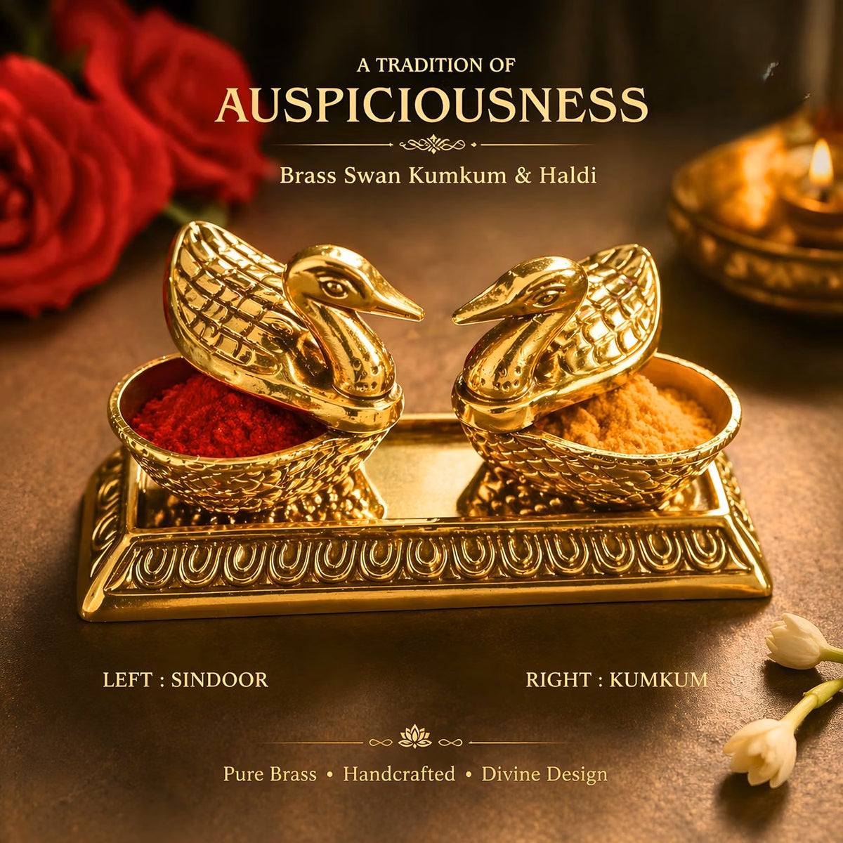 Silver Swan Kumkum & Haldi Pooja Set with Peacock Feather Leaf | Luxury Decorative Pooja Thali Accessory