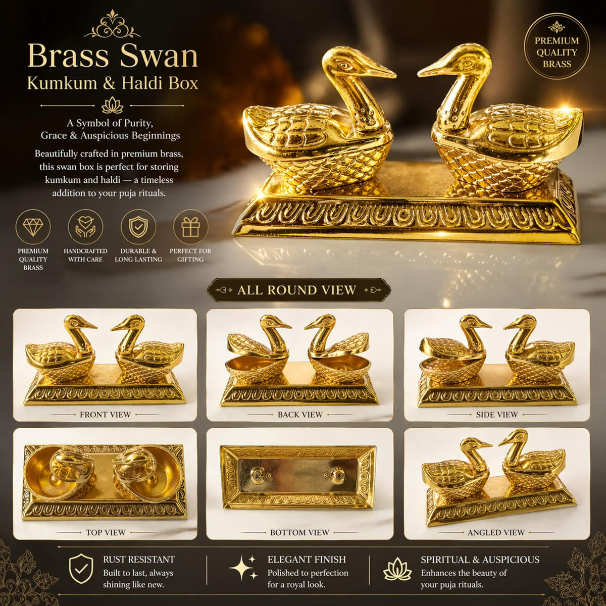 Silver Swan Kumkum & Haldi Pooja Set with Peacock Feather Leaf | Luxury Decorative Pooja Thali Accessory