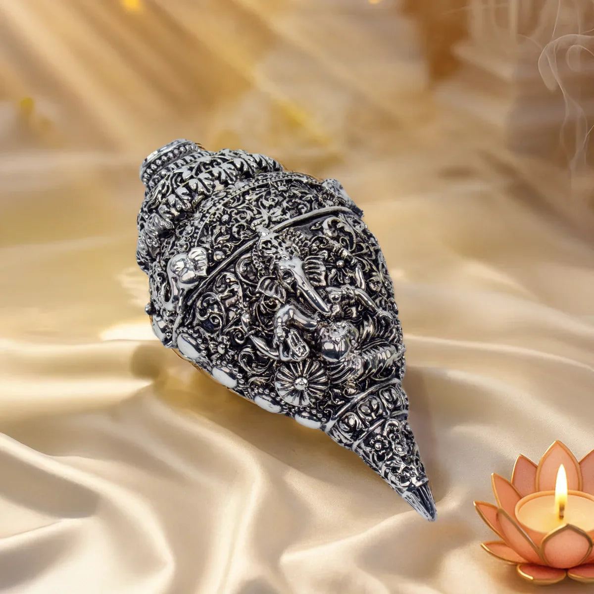 Silver Plated Sankha – 5 Inch Antique Metal Conch