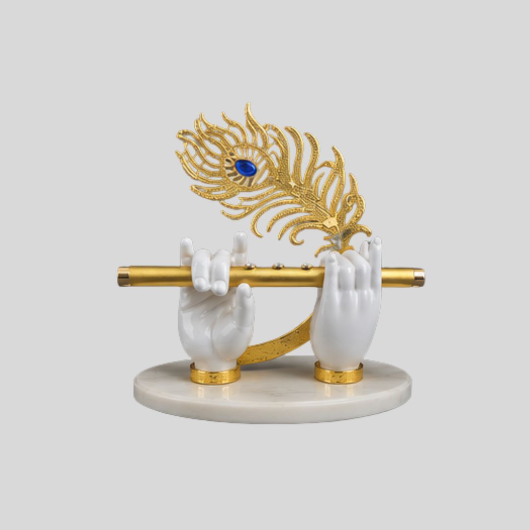 Premium Lord Krishna’s Divine Hands Car Dashboard Idol – 10 cm Gold Plated Flute Holder & Stone Base