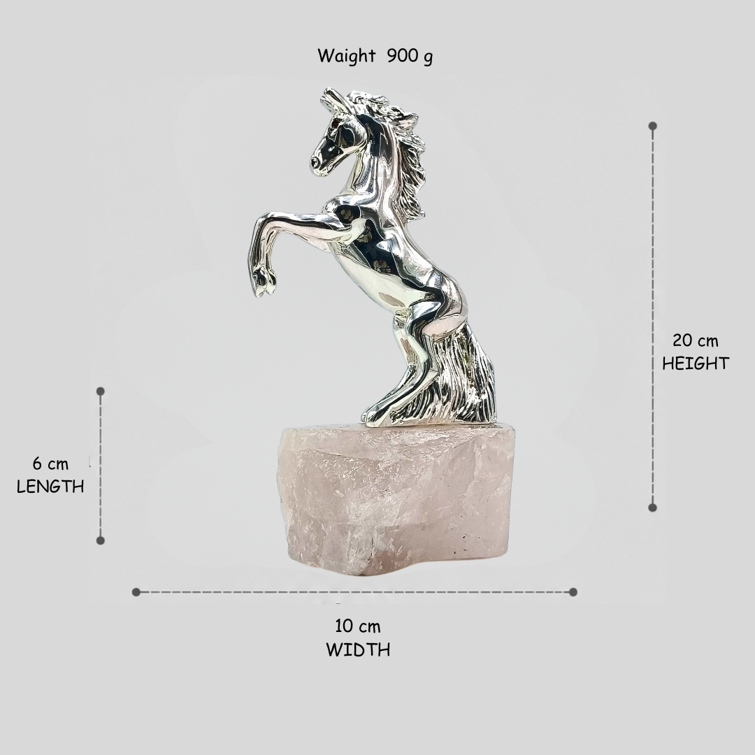 Luxury Silver Horse Showpiece on Natural Rose Quartz Crystal Base | Handcrafted Premium Home & Office Décor | Elegant Gift Item