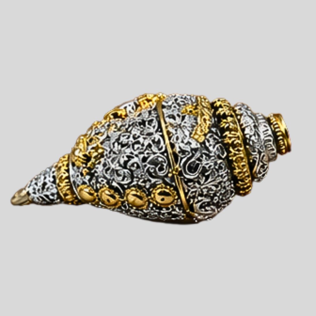 Silver Gold Plated Sankha – 5 Inch Antique Metal Conch