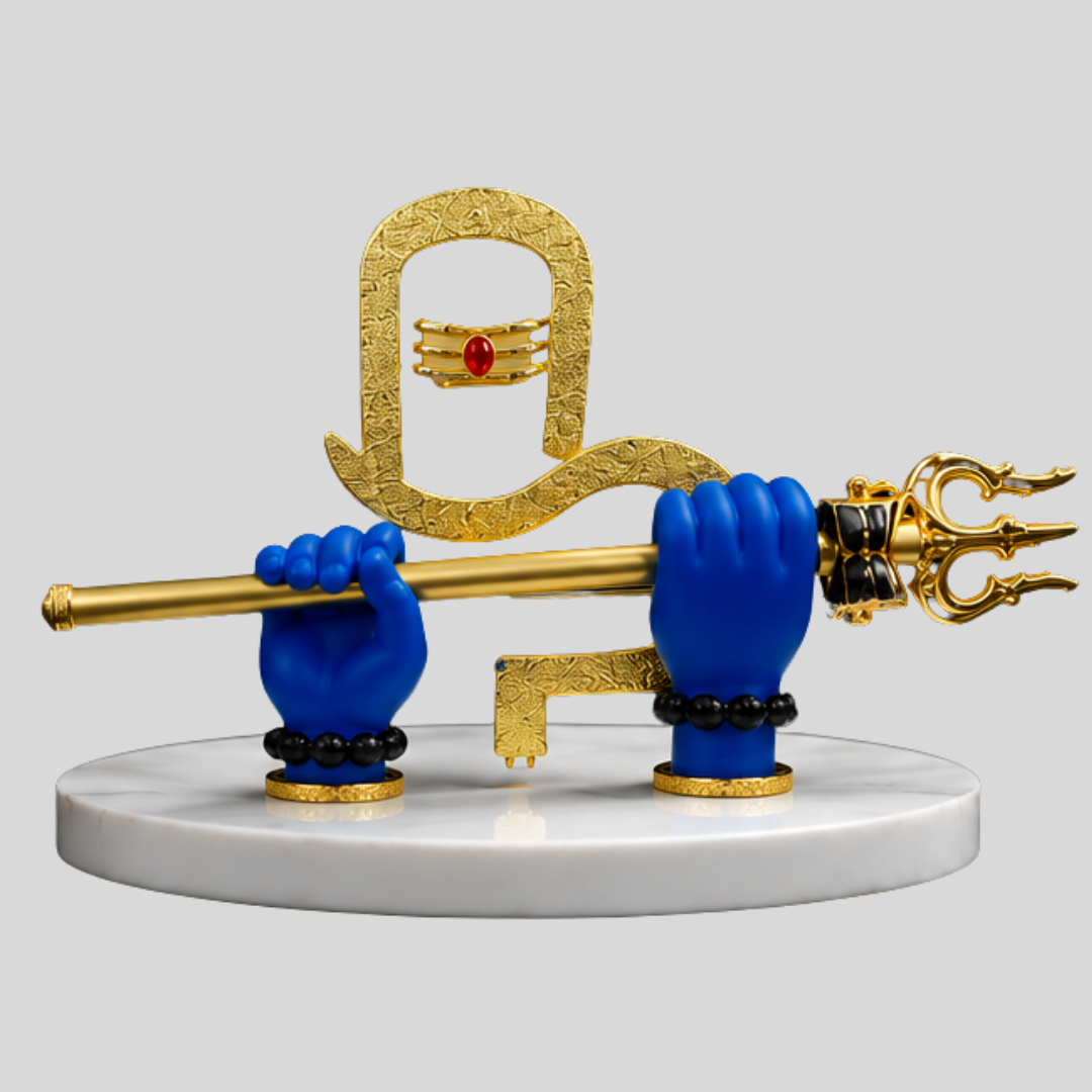Shiv ji Divine Hands Idol | Gold-Plated Mahadev Hand with Trishul & Damru  Base White Stone