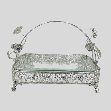 Premium Decorative Glass Serving Basket with Silver Floral Design – 33 × 23 × 22 cm | 1240g | Luxury Fruit & Dry Fruit Tray | Vintage Home Décor Gift