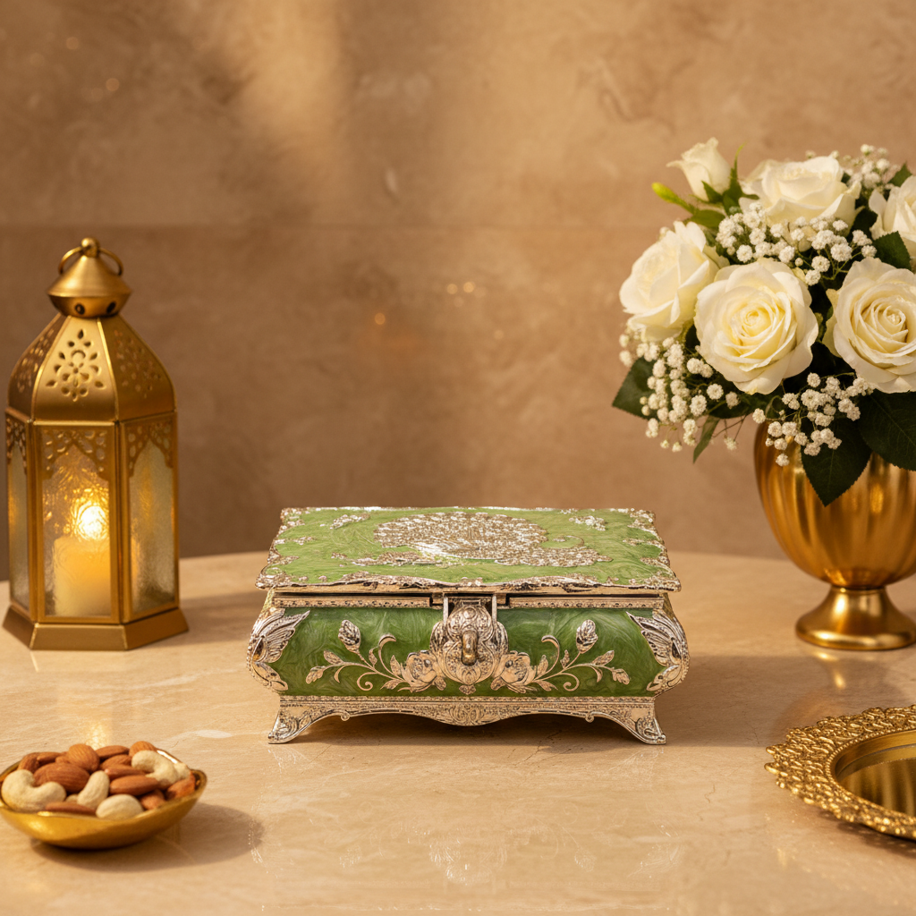 Luxury Green Peacock Embossed Jewelry Box with Silver Finish Size - 19x13x8CM - 750 Gram