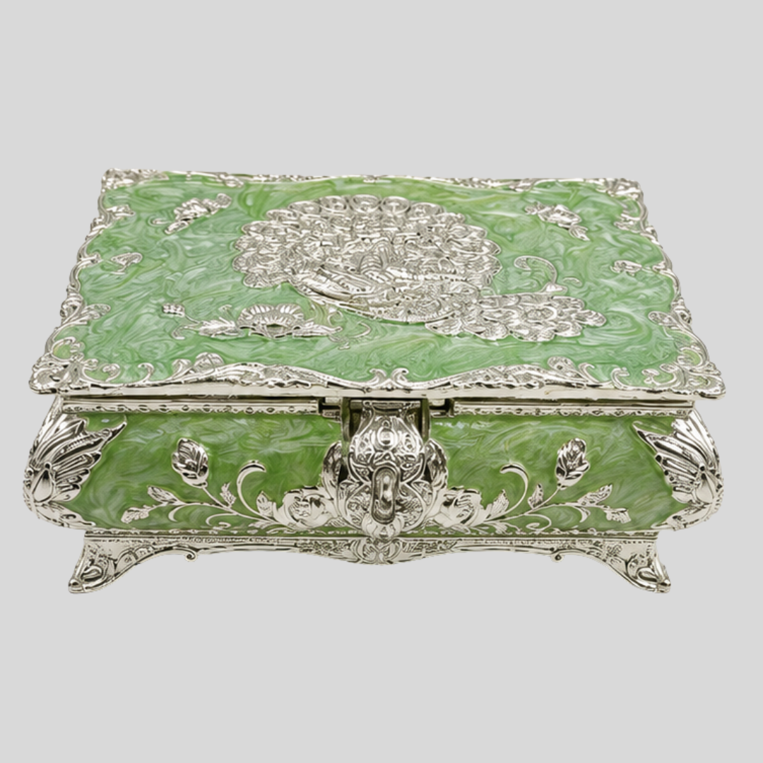 Luxury Green Peacock Embossed Jewelry Box with Silver Finish Size - 19x13x8CM - 750 Gram