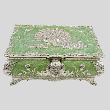Luxury Green Peacock Embossed Jewelry Box with Silver Finish Size - 19x13x8CM - 750 Gram