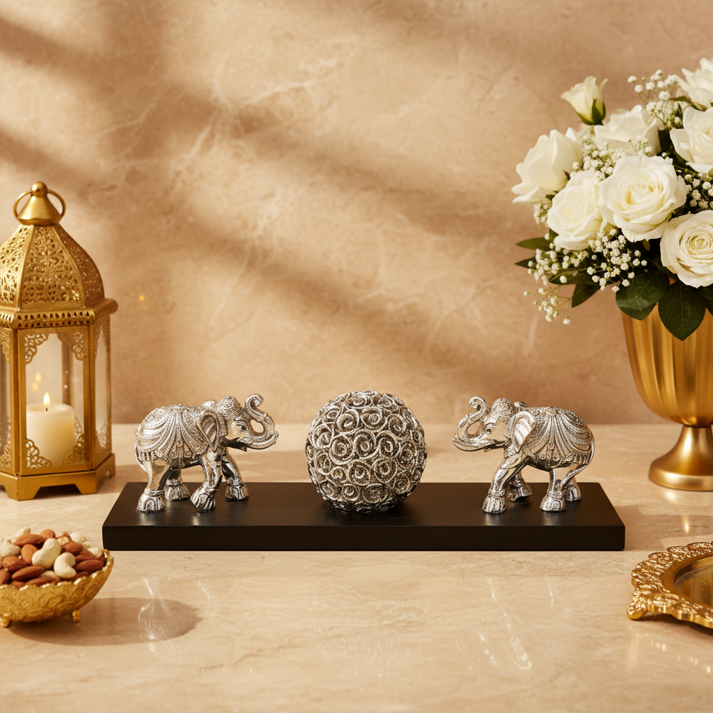 Resin Silver Elephant Holder Showpiece with Base for Home Decor, Gift, Diwali Decoration, Housewarming, Corporate Gifts