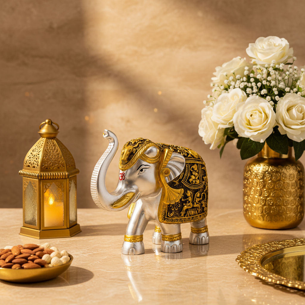 Gold and Silver Glossy Gold Coated Elephant Showpiece