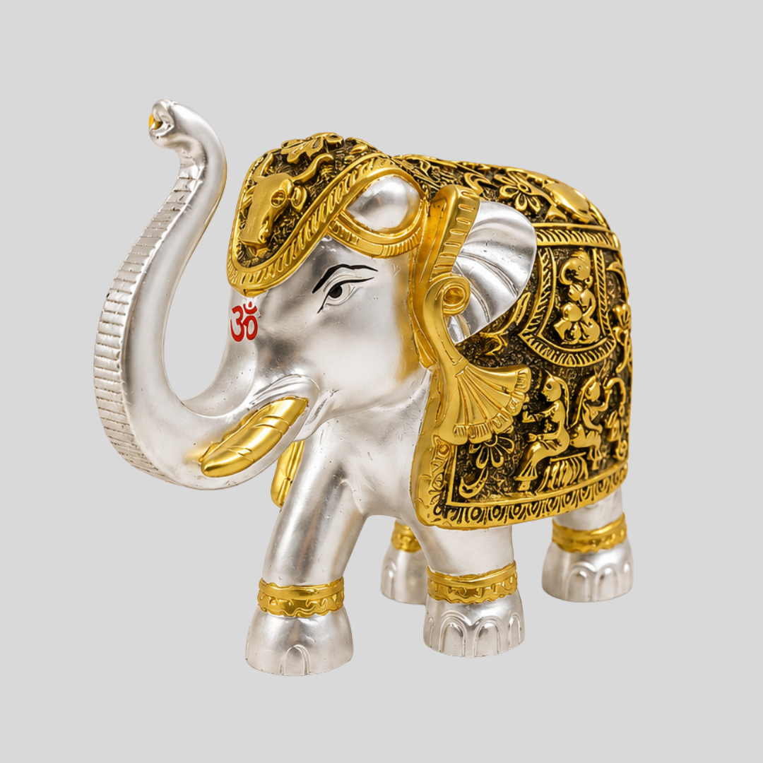 Gold and Silver Glossy Gold Coated Elephant Showpiece