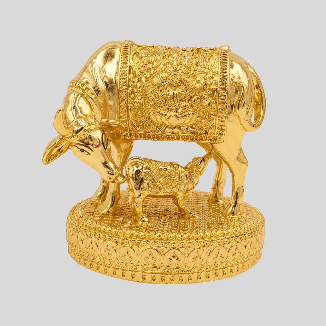 Kamdhenu Cow with Calf Statue | Gold Finish Hindu Idol | Vastu Home Decor | Pooja Room Showpiece