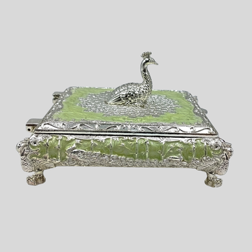 Handcrafted Peacock Dry Fruit Container with velvet blue box – Ethnic German Silver Peacock Set